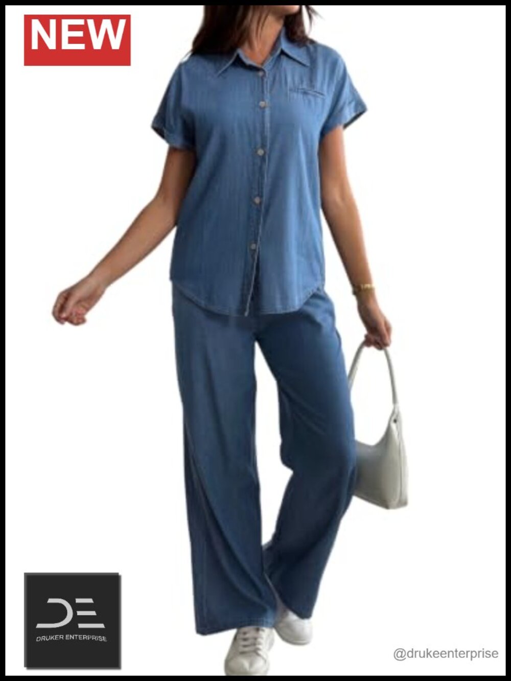 Women's 2 Piece Denim Outfits Summer Short Sleeve Button Down Shirt Wide Leg